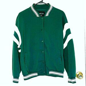 New Look Snap Up Varsity Jacket Womens sz M Pockets Green White Preppy Academia
